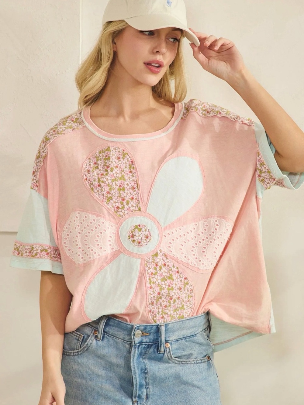 Sage+Fig Petal Play Peach and Mint Floral Patchwork Oversized Top — NWT